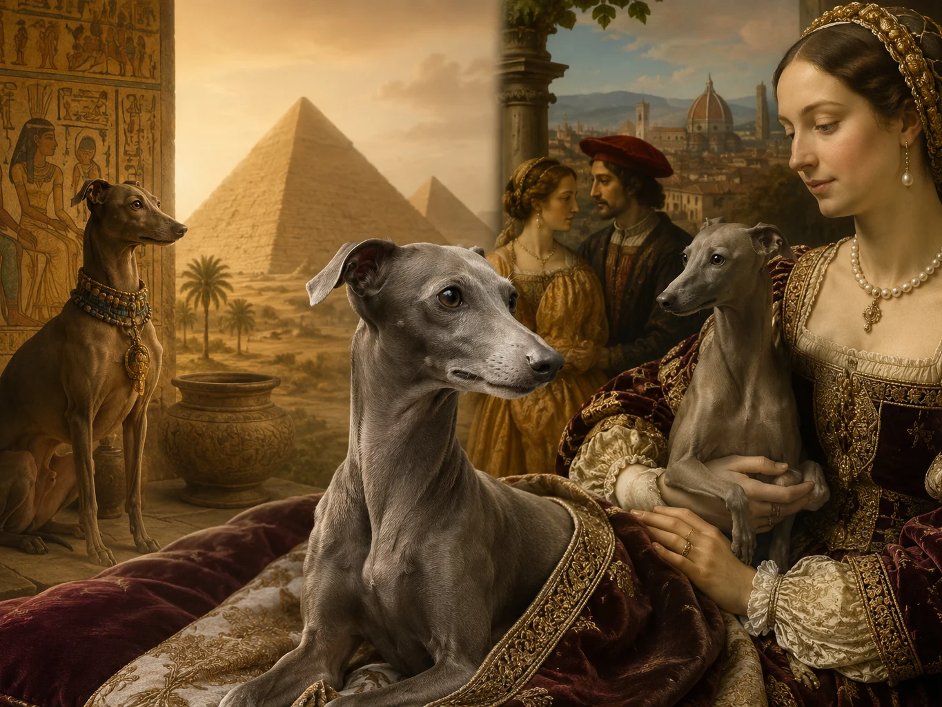 Italienische Windspiele – Herkunft und Geschichte Italienische Windspiele in historischen Szenen: im alten Ägypten und an einem Hof der italienischen Renaissance