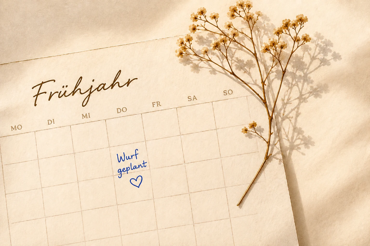 Kalender mit der Notiz „Wurf geplant" im Frühjahr, dekoriert mit Trockenblumen