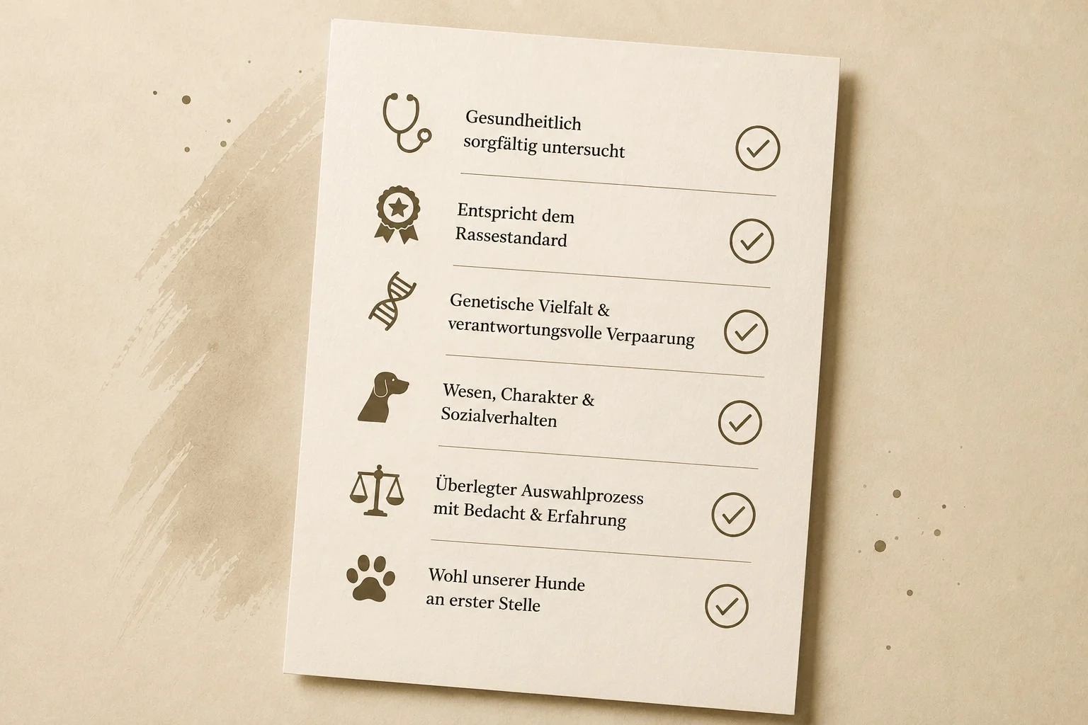 Checkliste mit Kriterien für die Elterntiere: Gesundheit, Rassestandard, Genetik, Wesen, Auswahlprozess, Tierwohl